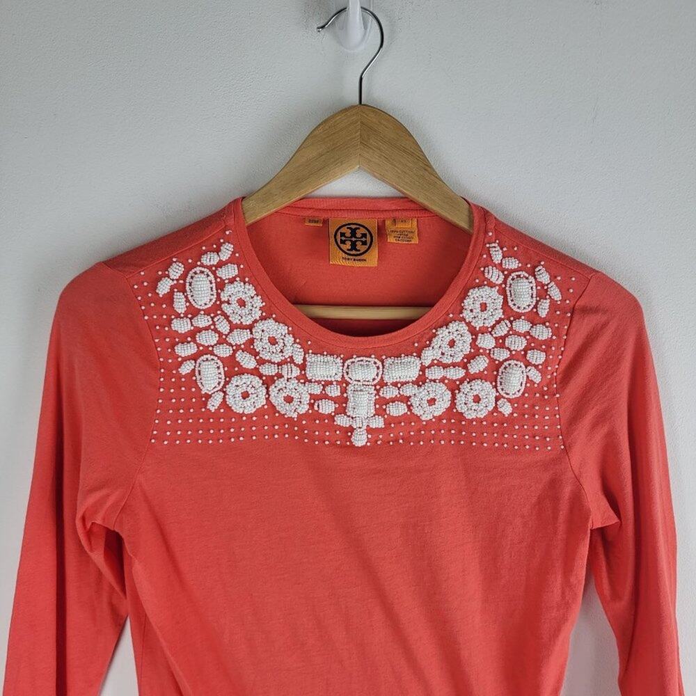 Tory Burch Embellished Long Sleeve Blouse Pink Crew Neck Size XS - Picture 3 of 6